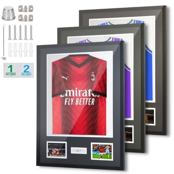 Sports Jersey Frame, Wood Display Case with UV-Protective Plexiglass, Pinboard, and Mat for Sports Shirts, Pictures, and Signature (3-Pack)