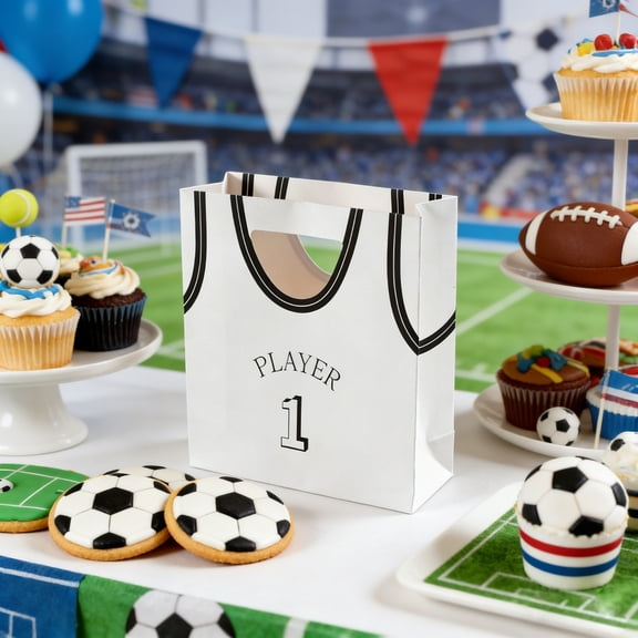 Sports Jersey Paper Gift Bags (10-Pack), "PLAYER 1" Basketball/Baseball Treat Bags for Birthday Party