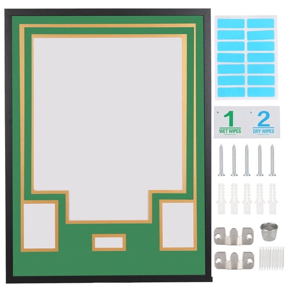 Sports Jersey Shadow Box Frame, Wall-Mount Display Case with Dual-Color Mat, Photo Slots & Mounting Hardware (Green Top & Gold Base)
