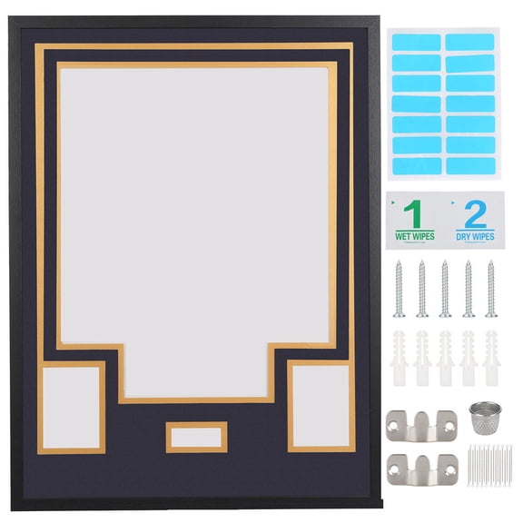Sports Jersey Shadow Box Frame, Wall-Mount Display Case with Dual-Color Mat, Photo Slots & Mounting Hardware (Navy Top & Gold Base)