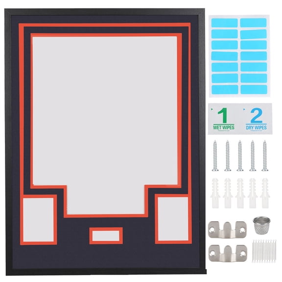 Sports Jersey Shadow Box Frame, Wall-Mount Display Case with Dual-Color Mat, Photo Slots & Mounting Hardware (Navy Top & Orange Base)