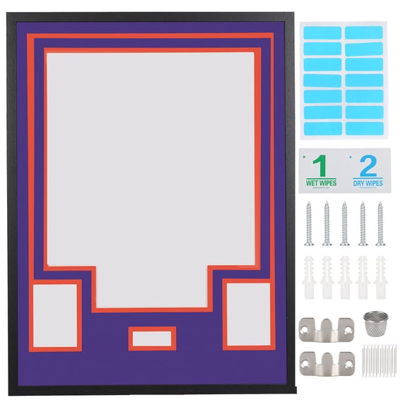 Sports Jersey Shadow Box Frame, Wall-Mount Display Case with Dual-Color Mat, Photo Slots & Mounting Hardware (Purple Top & Orange Base)