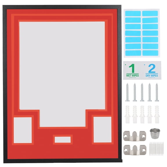 Sports Jersey Shadow Box Frame, Wall-Mount Display Case with Dual-Color Mat, Photo Slots & Mounting Hardware (Red Top & Orange Base)