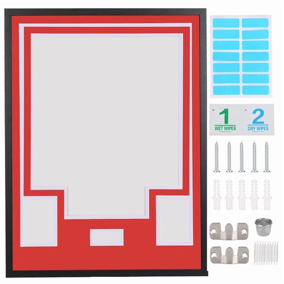 Sports Jersey Shadow Box Frame, Wall-Mount Display Case with Dual-Color Mat, Photo Slots & Mounting Hardware (Red Top & White Base)
