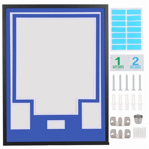 Sports Jersey Shadow Box Frame, Wall-Mount Display Case with Dual-Color Mat, Photo Slots & Mounting Hardware (Royal Blue Top & White Base)