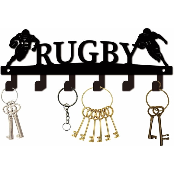 Sports Key Rack Decorative Coat Rack Wall Mount Rugby Black Metal Towel Holder Hanger Organizer with 6 Hooks Wall Mounted for Entryway Living Room Clothes Space Saving Decor 10.6 x 3.9 Inch