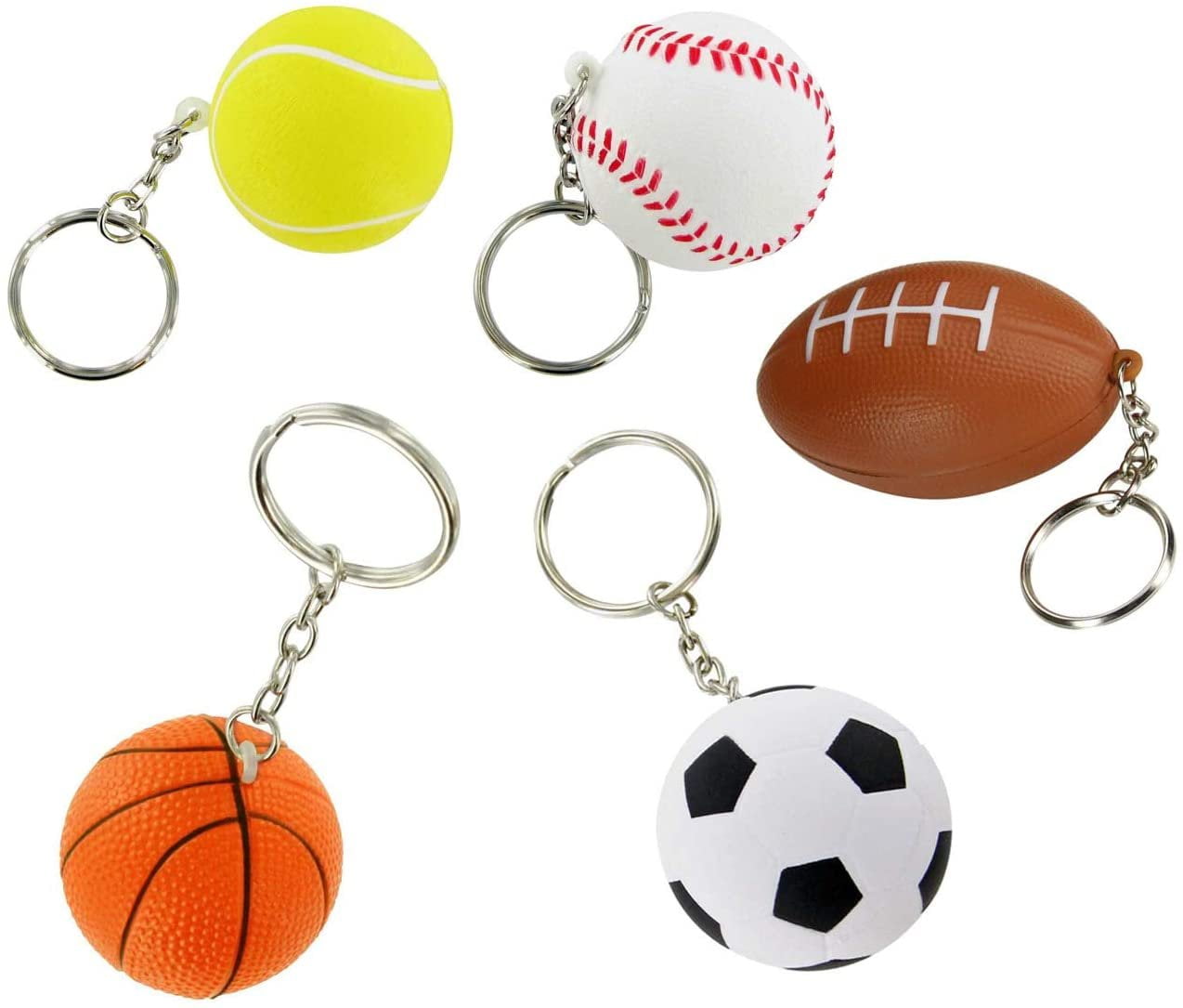 Sports Keychains Bulk 30 Pack  Kids Party Favors For Boys  Soccer, Basketball, Tennis, Baseball, Football Party Supplies Funny Keychains  6 of Each Ball