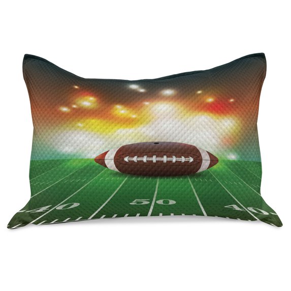 Sports Knitted Quilt Pillowcover, American Football Ball Warm Properties on Grass Turf Field Team Art Graphic, Standard King Size Pillow Cover for Bedroom, 36" x 20", Brown Green, by Ambesonne