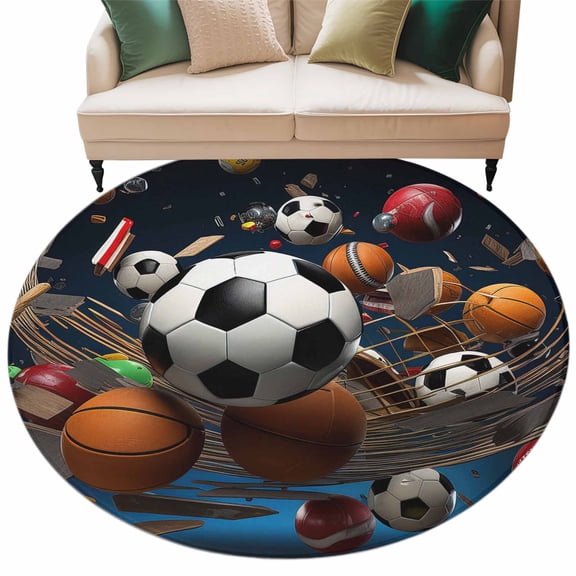 Sports Large Area Rugs for Bedroom Living Room, Soft Non Slip Carpet Bedside Rug, Football Basketball Baseball Ball Games Round Floor Cover Kitchen Accent Rug 6' for Dining Room/Office