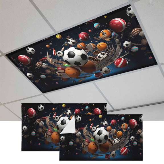 Sports Magnetic Fluorescent Light Covers for Ceiling Lights 2 x 4 Feet, Football Basketball Baseball Ball Games Office Classroom Kitchen Drop Ceiling Light Covers Lighting Filters Shade Panel 2 Packs