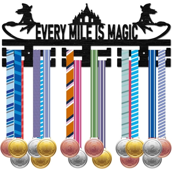 Sports Medal Holder Every Mile is Magic Medal Rack Fairy Wall Mount Badge Organizer Hanger Decor 30+ Medals Ribbons Hanging Display for Race Awards Storage Athletes Winners Gift 15.7x5.9in Black