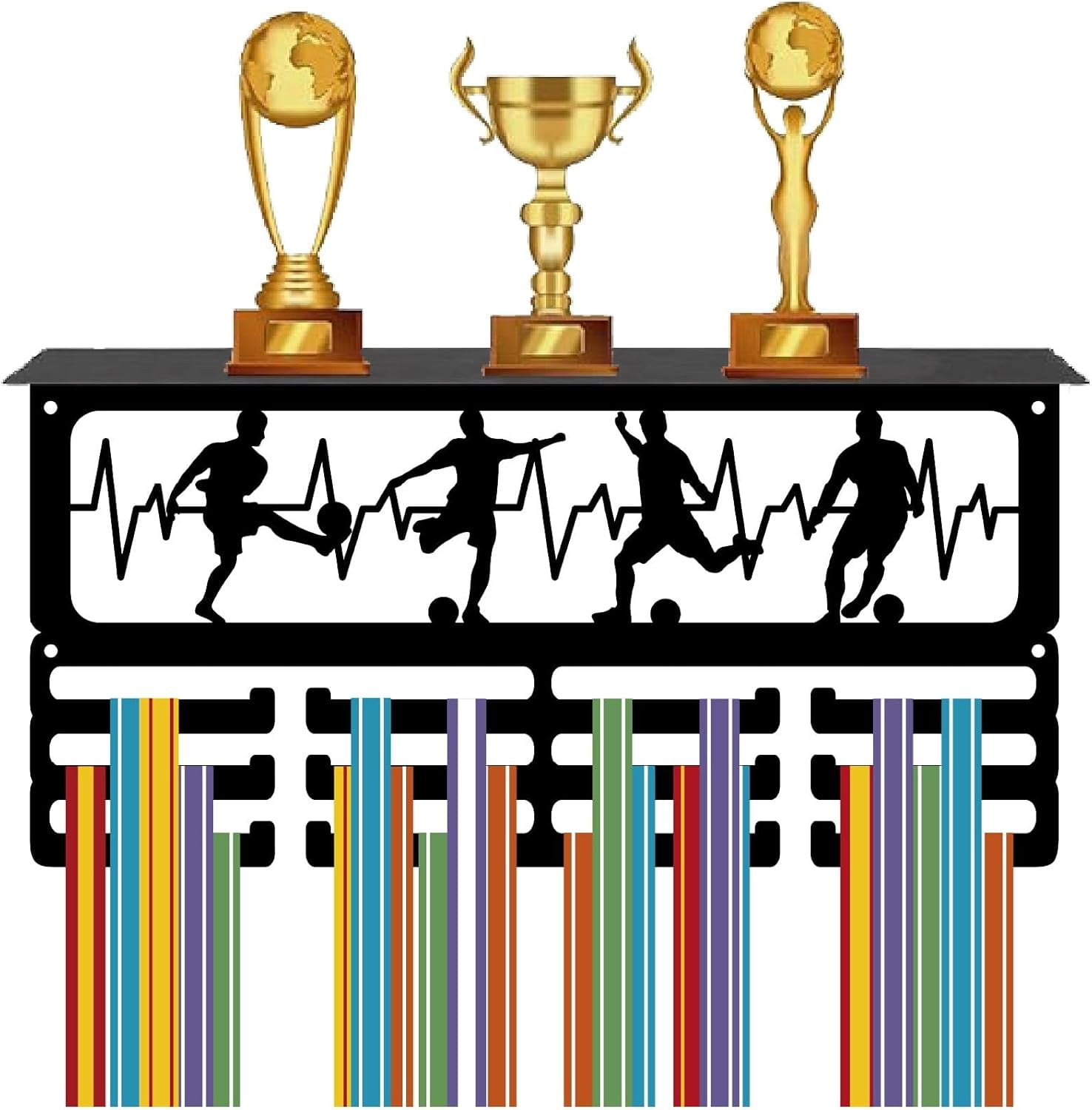 Sports Medal Holder Football Medal Hanger Trophy Shelf with 3 Rows 12 Hooks Metal Medal Display for Wall Mount Hanging 60+ Medals Rack Frame for Soccer Awards Ribbon Race 15.7 x 8 x 4 Inch for DIY