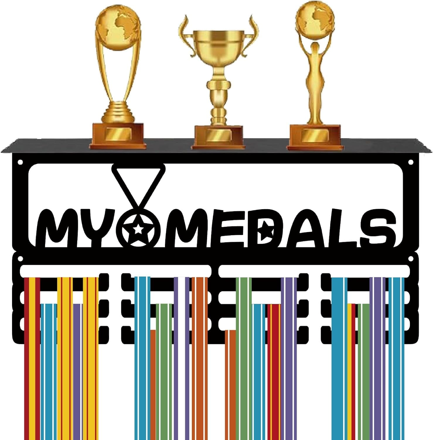 J JACKCUBE DESIGN Medal & Trophy Display Shelf With 39 Hooks - 25.9" Wall Mounted Rack For Sports Awards MK899A