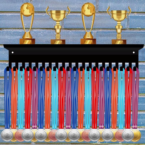 Sports Medal Holder Trophy Shelf Display with 20 Hooks Black Metal Sports Football Awards Medal Hanger Rack