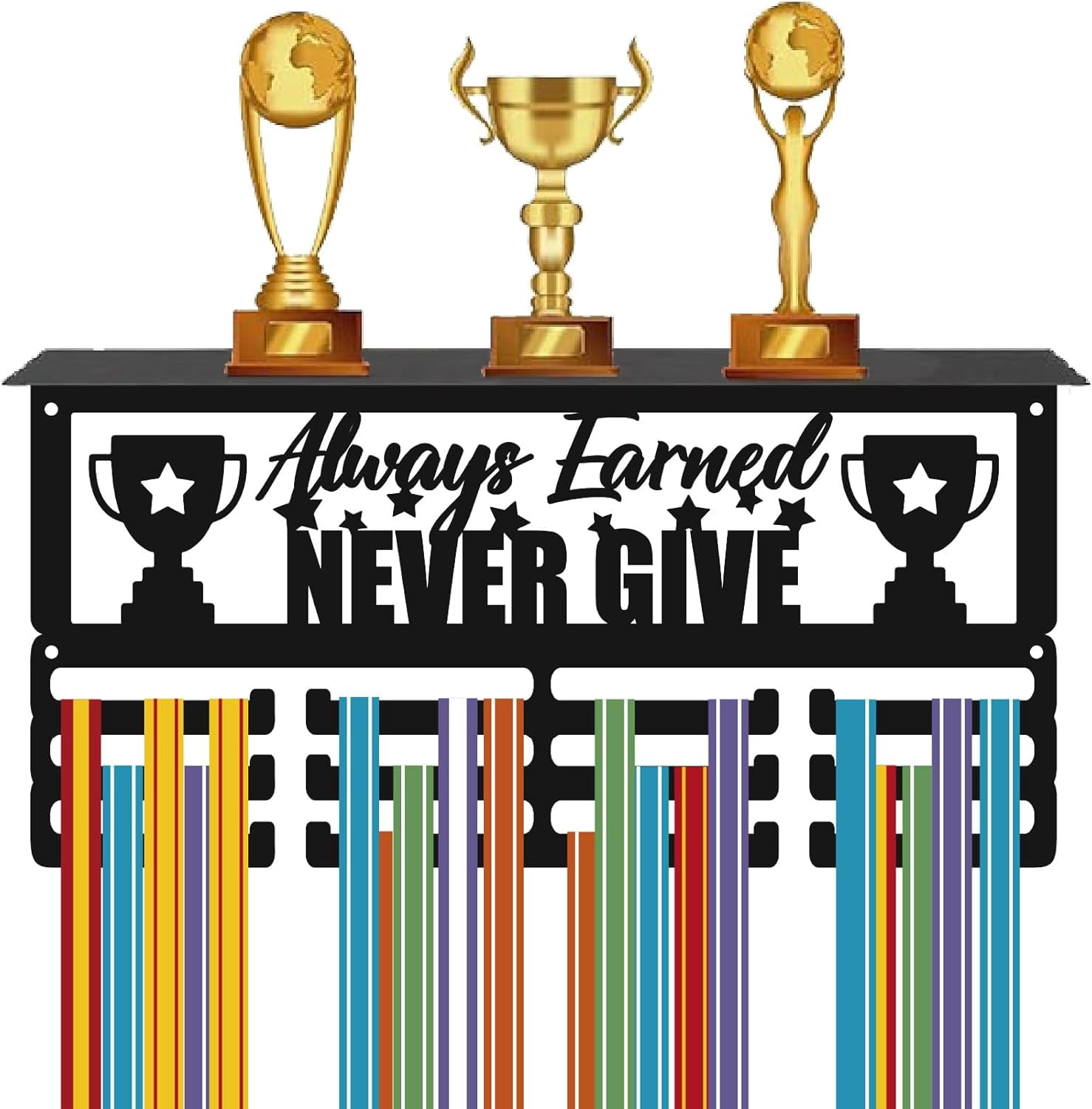 Sports Medal Shelf Trophy Holder Display 3 Row Hold 60+ Medals Black Iron Rectangle Word Never Give Wall Mount Rack Athletes Awards Hanger for Running Sport Races Cheer 15.7 x 7.9 Inch Blue