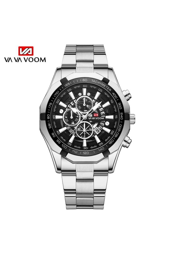 Sports Mens Quartz Watch VA VA VOOM New Black Stainless Steel Waterproof Hollow Out Luminous Military Mannish Wristatches