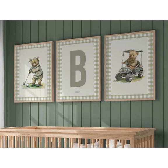 Sports Nursery Golf Art Vintage Bear Theme Room Decor Set 3 Stretched Canvas 8x12
