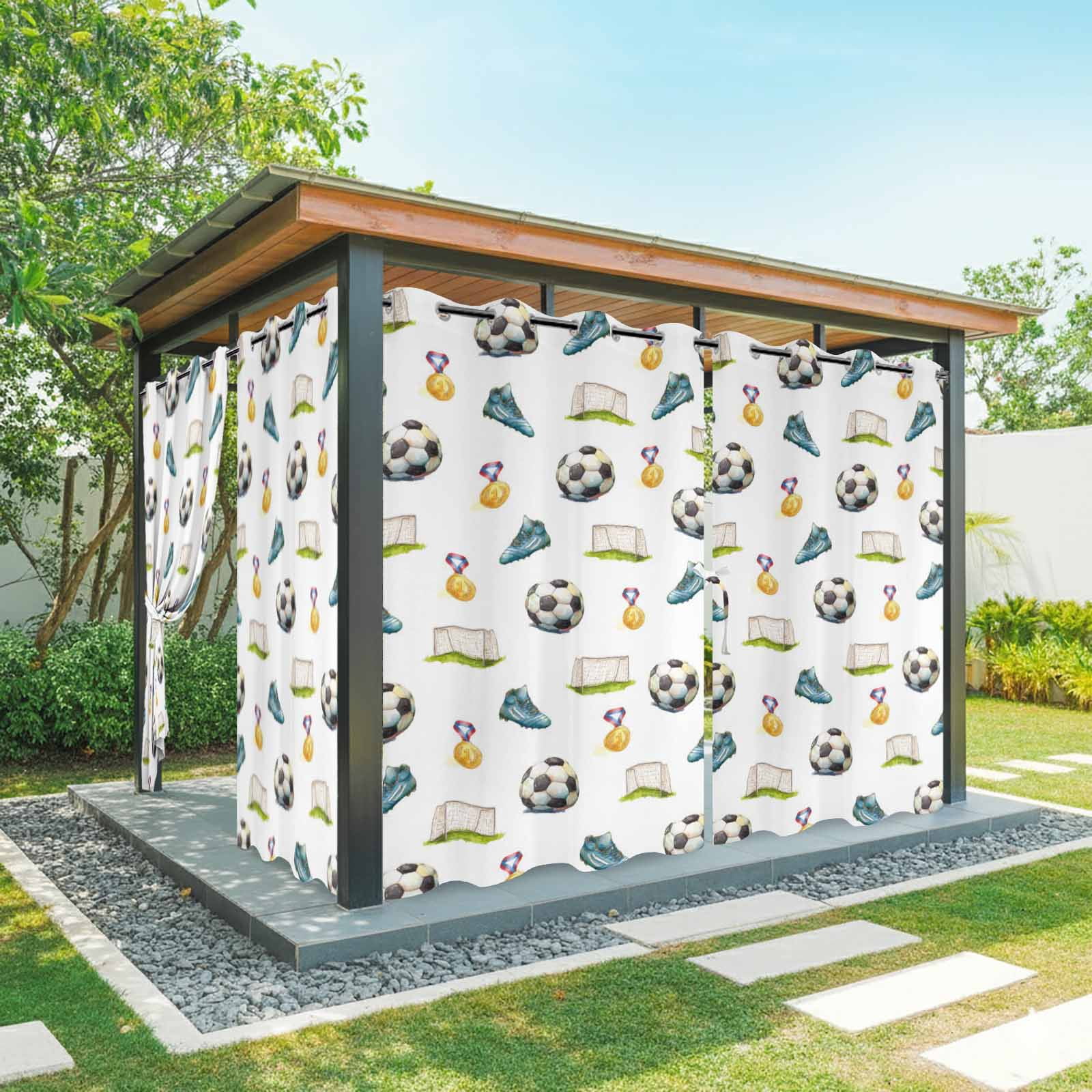 Sports Outdoor Curtains for Patio, Classic Soccer Sporty Sneakers Medals Goal Post Sunshade Privacy Drapes Grommet Waterproof Outside Curtains for Porch/Cabana/Balcony 54"x 84", 2 Panel