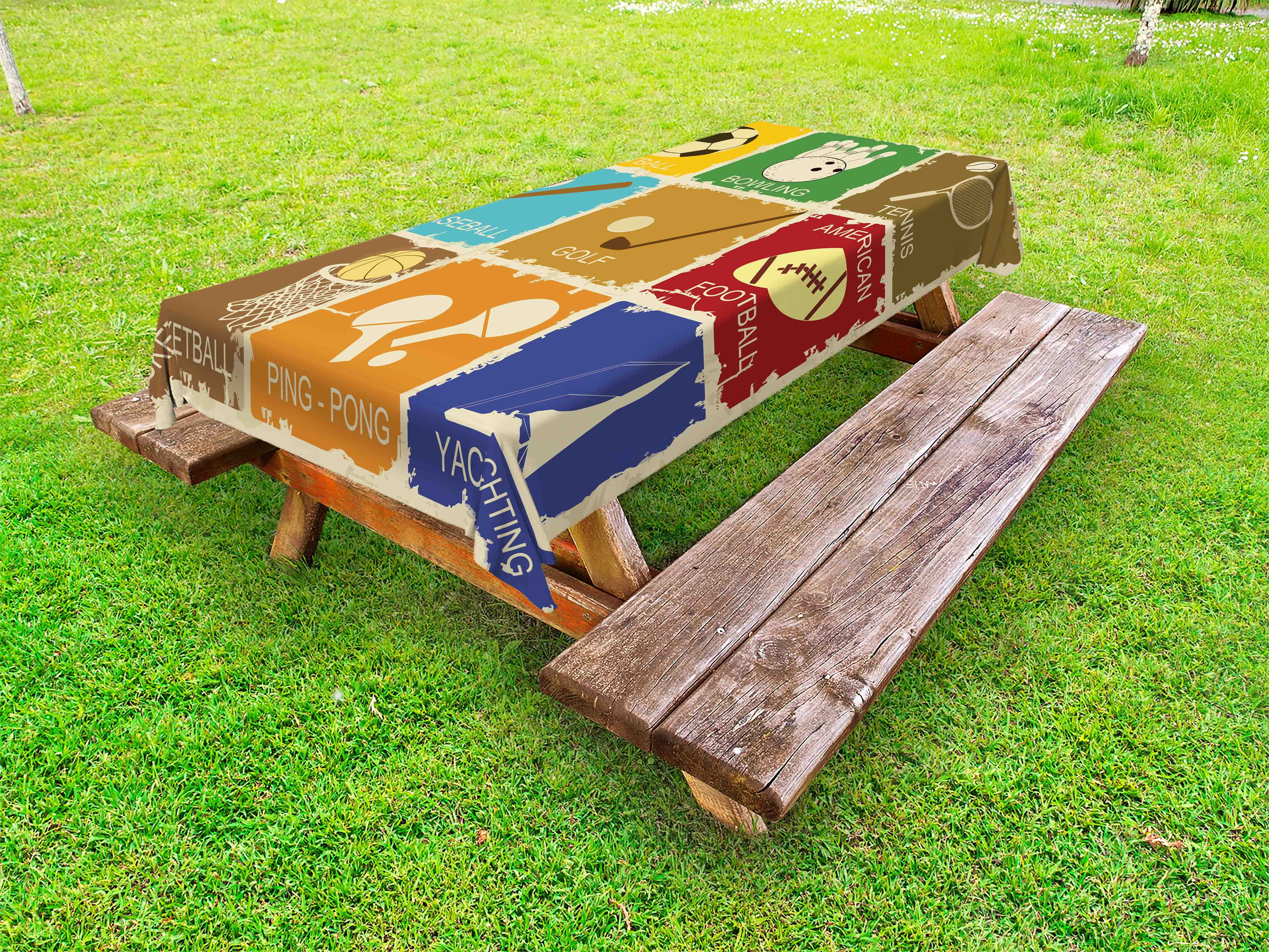 Sports Outdoor Tablecloth, Set of Vintage Various Sports Elements Golf Bowling Baseball Tennis Icons in Flat Design, Decorative Washable Fabric Picnic Table Cloth, 58 X 84 Inches,Multi, by Ambesonne