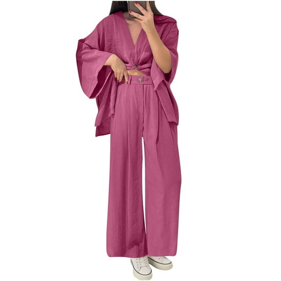 Sports Outfit Set Womens 2 Piece Beach Outfits Casual Open Front 3/4 Sleeve V Neck Cardigan Tops with Wide Leg Suit Pants Cotton Linen Travel Sets XXL