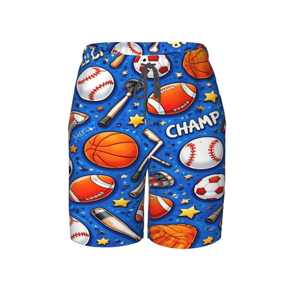 Sports Pattern Beach Pants Lightweight Teen Shorts with Mesh Lining and Drawstring