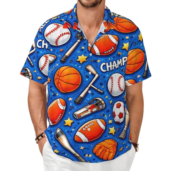 Sports Pattern Men's Shirts Short-Sleeved with All-Over Prints Button-Up Shirts