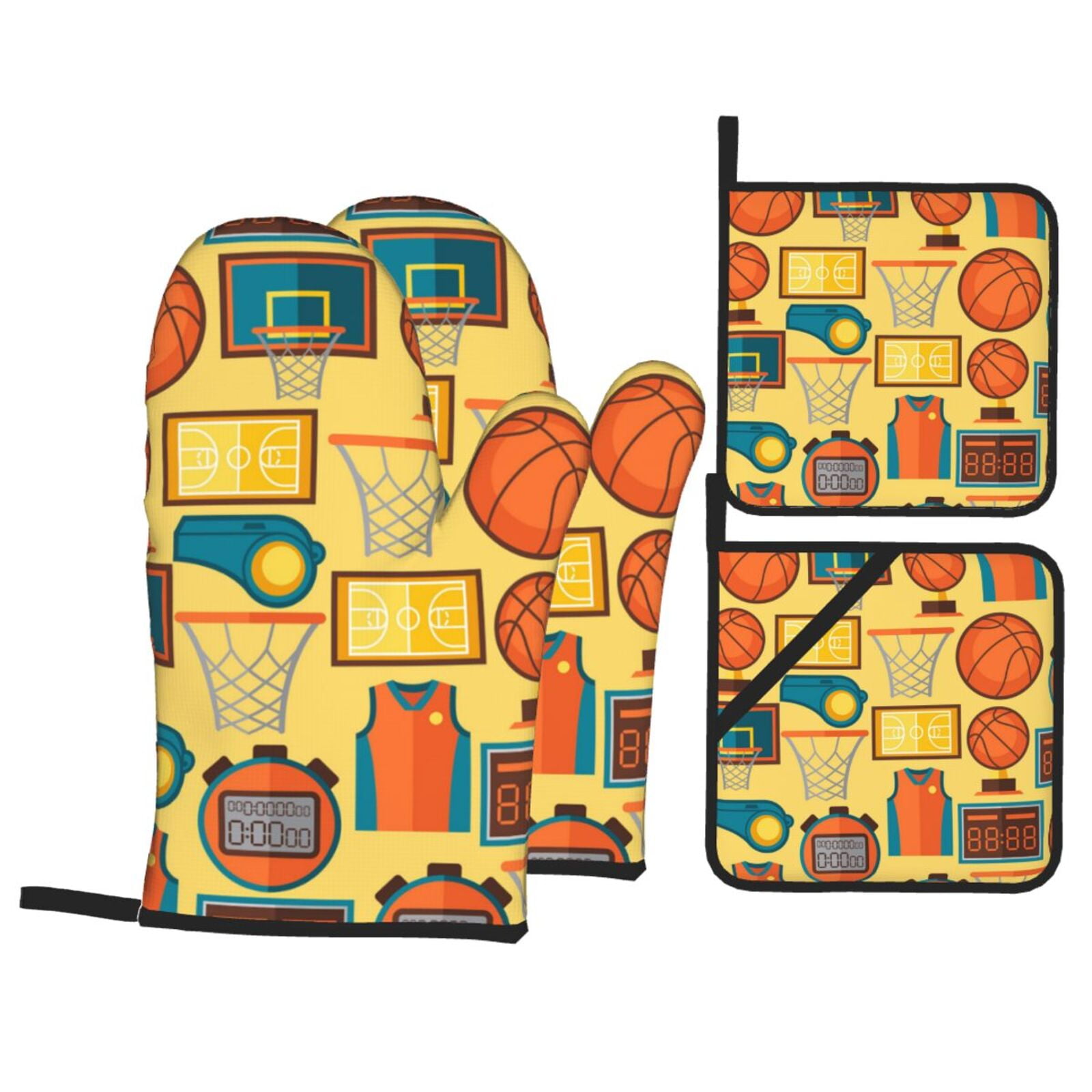 Sports Pattern With Basketball 4Pcs Oven Mitts and Pot Holders Sets Oven Kitchen Gloves Hot Pads for Cooking BBQ Baking Grilling