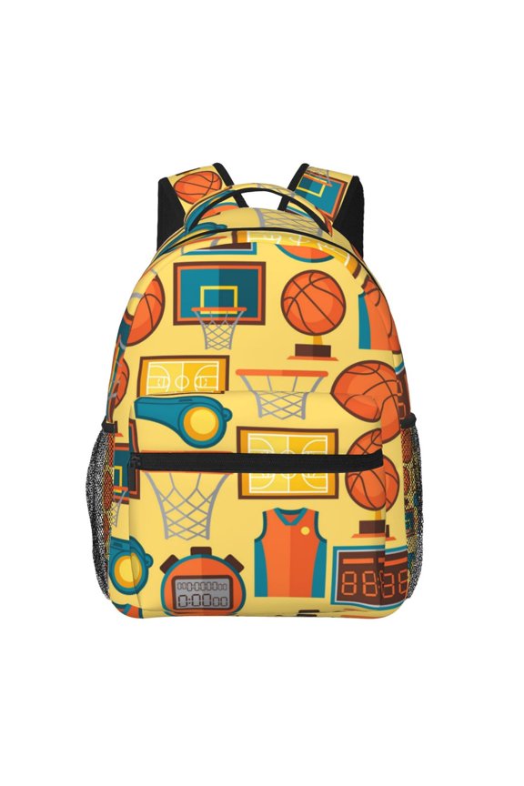 Sports Pattern With Basketball Backpack Casual College Bag Zipper Laptop Daypack Hiking Rucksack Travel