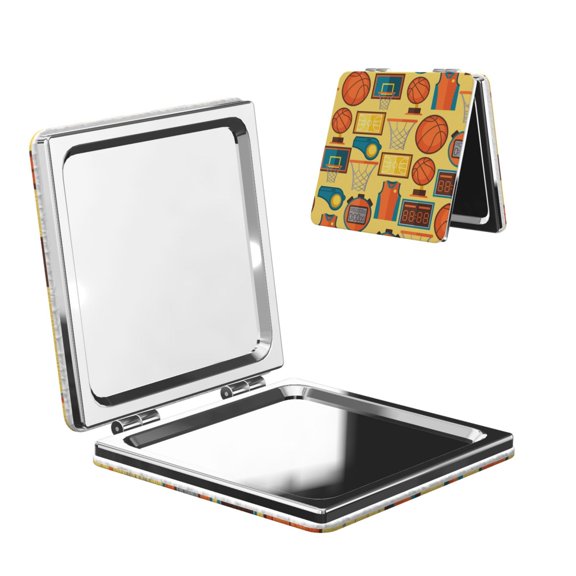 Sports Pattern With Basketball Portable Double-Sided Face Mirror Square, Magnifying Compact Pocket Mirror with PU Leather Cover