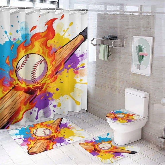 Sports Patterns Style Shower Curtain 4-Set Baseball Print Bathroom Decor, Includes Bath Mat, Toilet Cover Mats, U-Shaped Mat And Shower Curtains 72inX72in