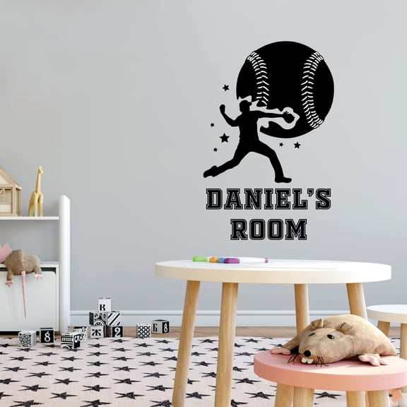Sports Personalized Wall Decals for Boys Bedroom - Baseball Player Pitcher Throwing Ball Player DIY & Creativity Custom Name Wall Sticker - Size: 28 In x 40 In