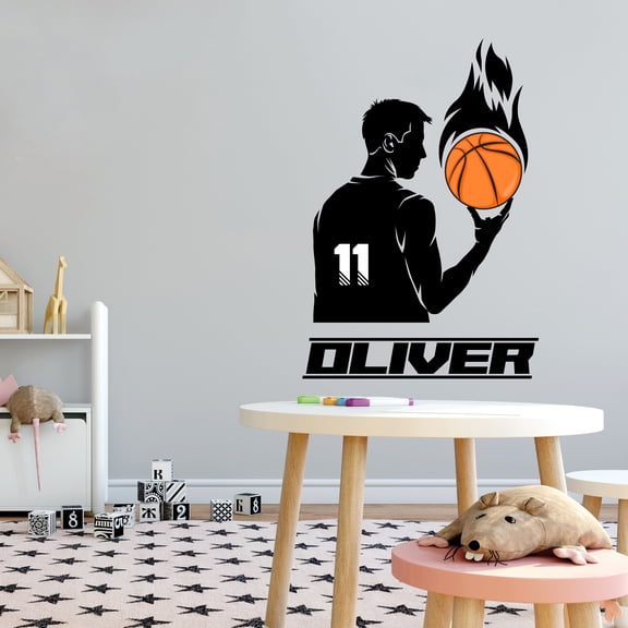 Sports Personalized Wall Decals for Boys Bedroom - Basketball Player Spinning Flaming Basketball Player DIY & Creativity Custom Name Wall Sticker - Size: 28 In x 40 In