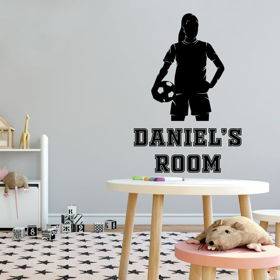 Sports Personalized Wall Decals for Boys Bedroom - Female Soccer Player Holding Ball in Her Arms DIY & Creativity Custom Name Wall Sticker - Size: 7 In x 10 In