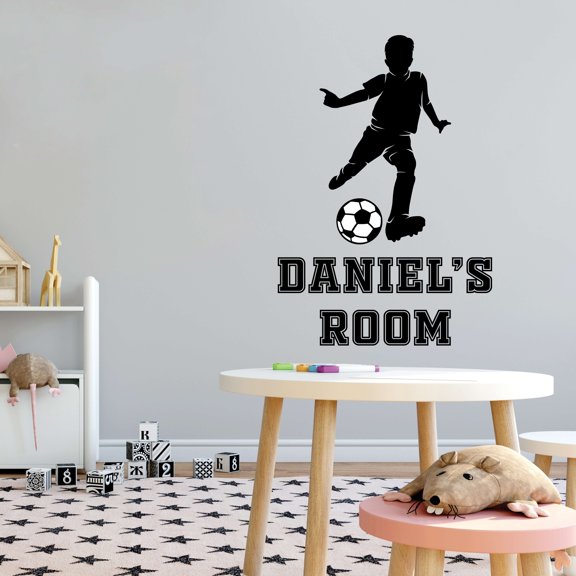 Sports Personalized Wall Decals for Children Bedroom - Young Kid Flying Kick Soccer Ball on White Background DIY & Creativity Custom Name Wall Sticker - Size: 21 In x 30 In