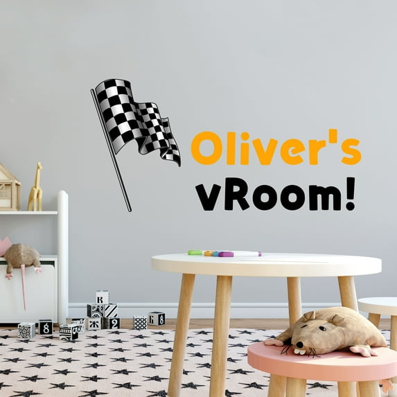 Sports Personalized Wall Decals for Boys Bedroom - Racing Sports Checkered Flag DIY & Creativity Custom Name Wall Sticker - Size: 20 In x 10 In