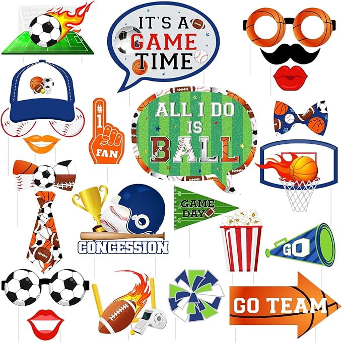 Sports Photo Booth Props 24pcs Sports Party Decorations Basketball Soccer Football Touchdown Party Supplies Photo Props Decoration Game Day Sports Theme Supplies for Birthday Baby Shower