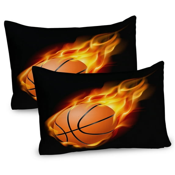 Sports Pillow Sham Set of 2, Basketball Lover Ball Speed Shoot Hoops Sporty Fun Art Print, Quality Microfiber Bedding Item for All Seasons, 26" x 20", Orange Black, by Ambesonne