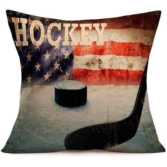 Sports Playing Ice Hockey Cotton Linen Square Throw Pillow Case USA Flag Vintage Style Decorative Cushion Cover Pillowcase Sofa 18x18 Inches