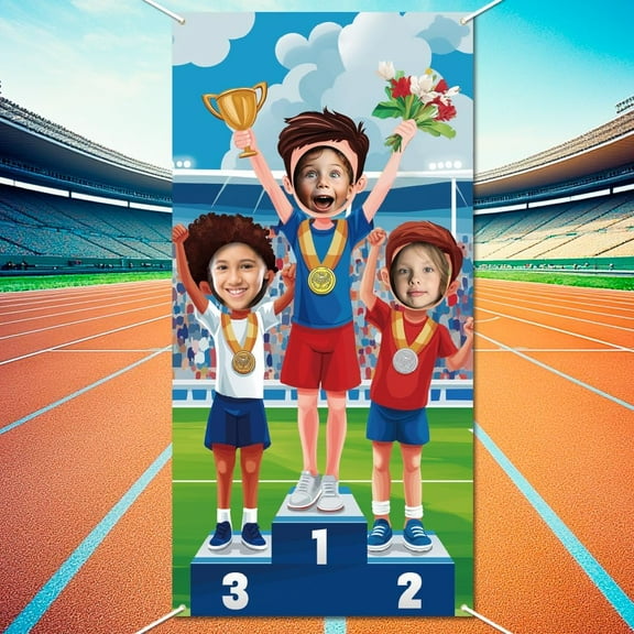 Sports Podium Medal Photo Door Banner Athlete Sports Large Fabric Photo Door Backdrop Props Decor for Sports Party Decor Funny Athlete Face in Hole Photo Backdrop for Birthday 70.8x35.4 Inch