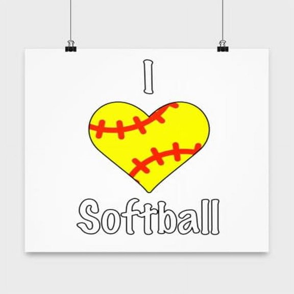 Sports Poster, I Love Softball, Baseball Wall Art Gift, White 13x13in Poster