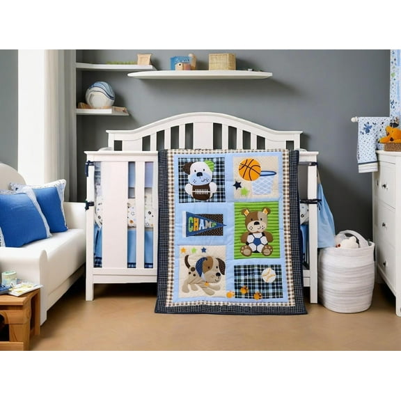 Sports Puppy 2-Piece Crib/Toddler Bed Comforter Sets, Gray Sport Puppy (Quilt and Crib Sheet, come with a dust ruffle as gift)