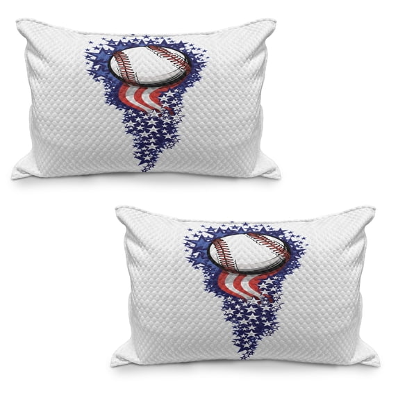 Sports Quilted Pillowcover Set of 2, Stars and Stripes Patriot Baseball Celebration Holiday Flag Graphic, Standard Queen Size Pillow Cover for Bedroom, 30" x 20", Purple White Red, by Ambesonne
