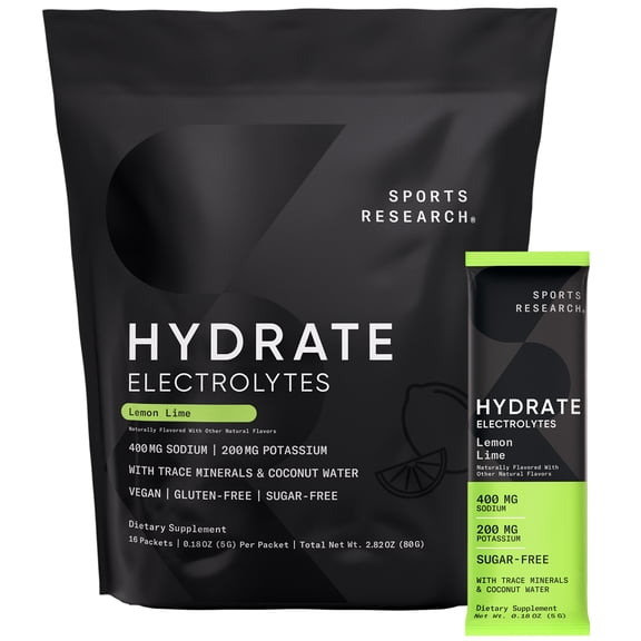 Sports Research Electrolyte Powder Packets Lemon Lime Flavor Hydration & Recovery Boost (16 Packets)