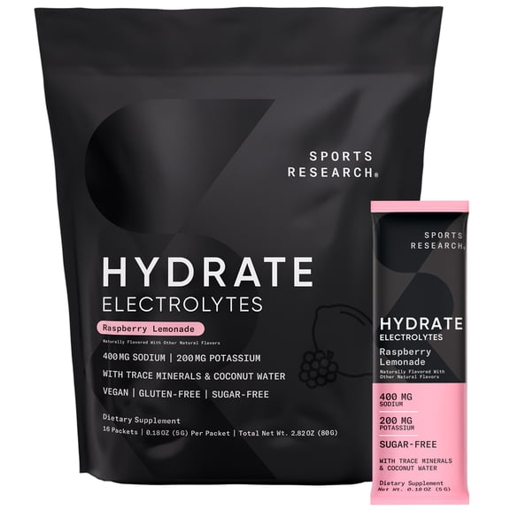 Sports Research Electrolyte Powder Packets Raspberry Lemonade Flavor Hydration & Recovery Boost (16 Packets)