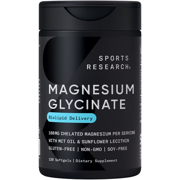 Sports Research High Absorption Magnesium Glycinate 160mg Relaxation Muscle Nerve Support (120 Liquid Softgels)