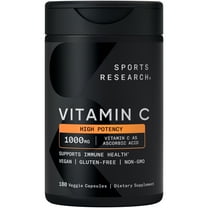 Sports Research High Potency Vitamin C Supplement - Vegan Veggie Capsules for Antioxidant Activity & Immune Support - NonGMO Verified & Gluten Free - Ascorbic Acid Vitamin C 1000mg, 180 Count