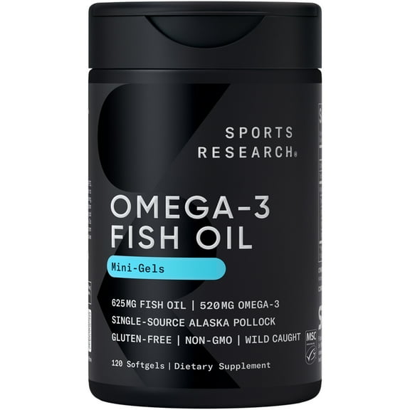 Sports Research® Fish Oil Mini-Softgels Easy to Swallow Omega-3 Fatty Acids 625mg (120 Capsules)