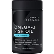 Sports Research Omega 3 Fish Oil Supplement, Triple Strength 1250mg Omega 3 Fatty Acids, 60 Softgels