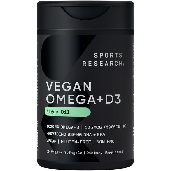 Sports Research® Vegan Omega-3 w/ Vitamin D3 Fish Oil Alternative D Algae Oil (60 Veggie Softgels)