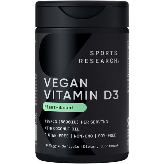 Sports Research® Vegan Vitamin D3 5000IU (125 mcg) with Coconut Oil | 100% Plant-Based Vitamin D (60 Veggie Softgels)